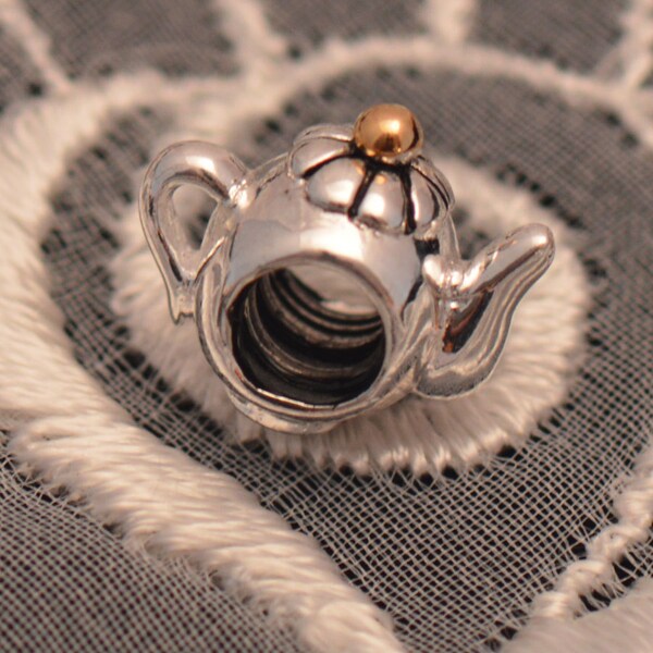 Teapot Threaded Charm / Bead Gold Accent on Lid