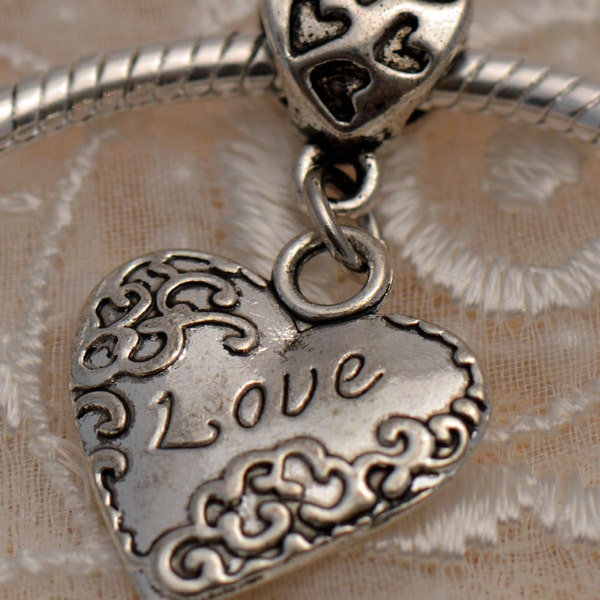 Silvertone Dangle Heart Bead for European Style Bracelets or Necklaces