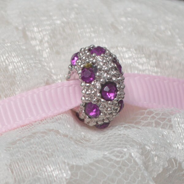 Pink Rhinestone Bead for European Style Bracelets Silvertone Sparkly Bling Bling