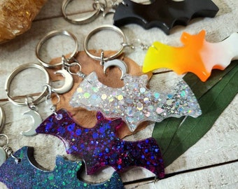 Spooky charms - bat keychain - holographic keychain - Halloween key charm - glitter bat charm - candy corn bat - spooky gifts - bat charm