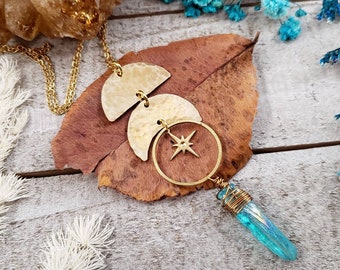 Brass moon necklace - Astraea jewelry - quartz crystal necklace - gold moon jewelry gifts - boho quartz crystal necklace - Astraea necklace