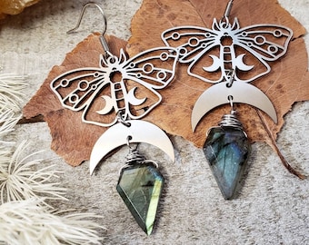 Labradorite earrings - luna moth earrings - geometric jewelry - Silver celestial earrings - boho Labradorite jewelry - moth insect earrings