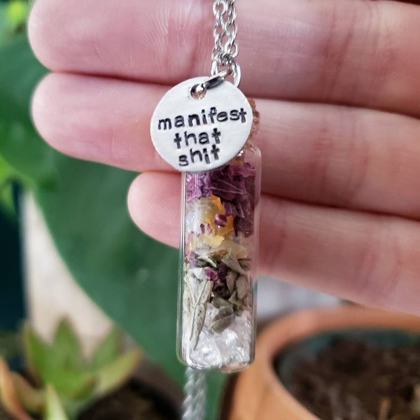 manifest necklace - self care necklace - Dried flower jewelry - manifest that shit - self care intention jewelry gift - intention necklace