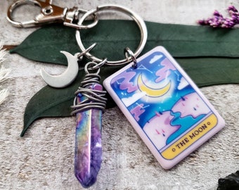 Porte-clés breloque lune - Porte-clés tarot lune - cadeaux tarot - porte-clés sorcière - cadeaux argentés pour amoureux de la lune - porte-clés cristal de quartz - cadeaux lune