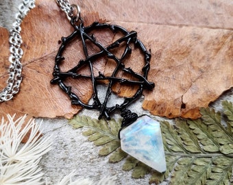 Pentacle necklace - moonstone necklace - witchy jewelry - black pentacle necklace - witchy gifts for her - moonstone pentacle necklace