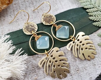Monstera earrings - gold leaf earrings - tropical jewelry - plant earrings - boho brass jewelry - monstera leaf - blue chalcedony earrings