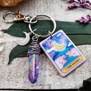 Portachiavi con ciondolo lunare - Portachiavi tarocchi lunari - Regali tarocchi - Portachiavi strega - Regali per amanti della luna in argento - Portachiavi in cristallo di quarzo - Regali lunari