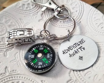 Compass charm keychain - adventure awaits gifts - travel key ring - stamped grad gift - camping gift - travel gifts for her him