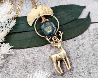 Artemis necklace - brass geometric jewelry - greek mythology necklace - deer charm necklace - artemis jewelry - celestial jewelry gifts