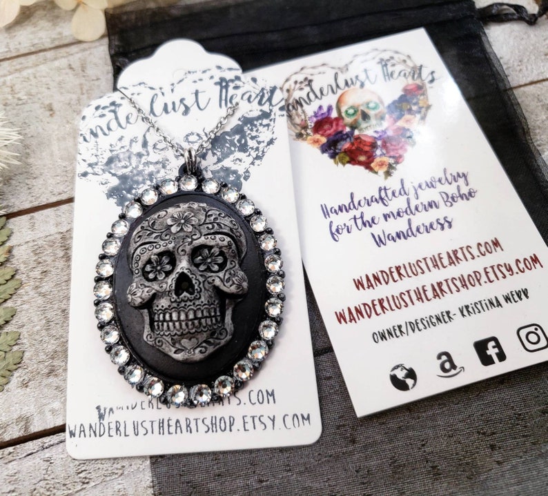 Sugar skull pendant - sugar skull necklace - gothic cameo necklace - dia de los muertos - sugar skull jewelry - gothic sugar skull cameo image 9
