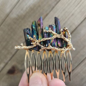 Black Quartz hair comb - branch hair piece - boho winter crystal hair comb - quartz crystal hair accessories