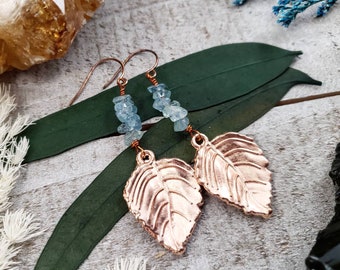 Rose gold leaf earrings - leaf jewelry - leaf charm earring - Aquamarine beaded earrings - rose gold jewelry - march birthstone jewelry gift