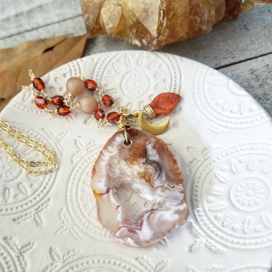 Geode Crystal Necklace Moon Necklace Autumn Jewelry Boho