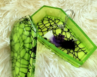 Goth stash box - coffin trinket box - witchy shelf decor - goth make up dish - coffin storage - resin dice box - spider web home decor