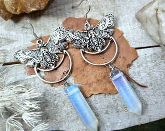 Death head moth earrings - celestial jewelry - Silver celestial earrings - boho opalite jewelry - silver moth earrings - Luna moth earrings