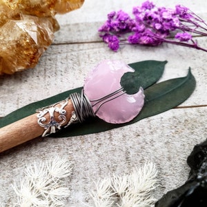 Crystal Moon hair stick - pink opal moon hair stick - moon hair accessories - wand hair stick - crystal moon gifts - crystal wood hair stick