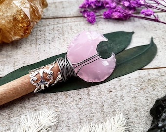 Crystal Moon hair stick - pink opal moon hair stick - moon hair accessories - wand hair stick - crystal moon gifts - crystal wood hair stick