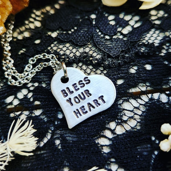 Bless your heart - stamped heart necklace - southern quote charm - silver heart charm - sarcasm necklace -  well bless your heart pendant