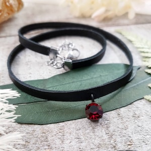 Black leather choker - crystal choker necklace - gothic jewelry - thin choker - gothic red crystal necklace