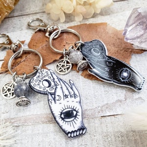 Portachiavi con tavoletta spirituale - portachiavi con ciondolo da strega - portachiavi con tavoletta Ouija - ciondolo con sfera di cristallo - portachiavi con ciondolo gotico - ciondolo con chiave a forma di pentagramma