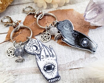 Spirit board keychain - witchy charm keychain - Ouija planchette keychain - crystal ball charm - goth charm keychain - pentagram key charm