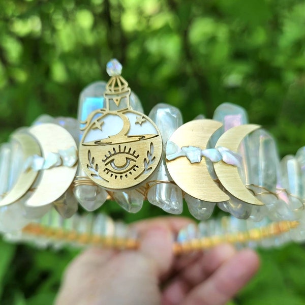 Hecate goddess crown - celestial crystal crown - festival headpiece - Aura quartz  crystal crown - boho bride - Greek goddess headpiece