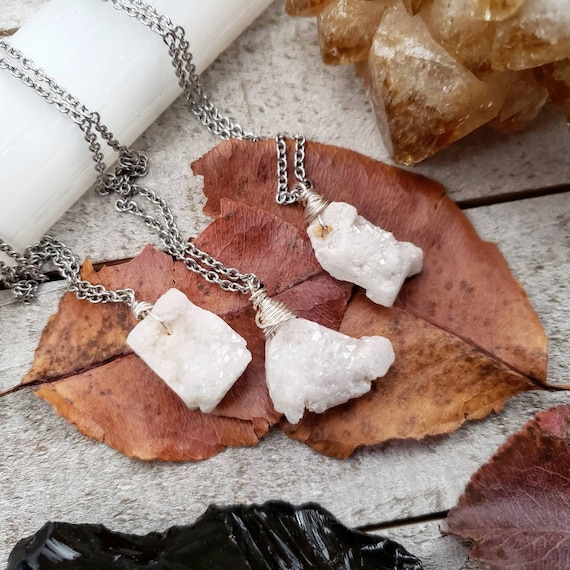 Raw Druzy Necklace Druzy Crystal Pendant White Druze Necklace Wire