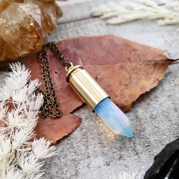 Bullet necklace - crystal bullet necklace - bullet jewelry for her - opalite crystal - bullet casing necklace - opalite point necklace