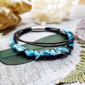 Turquoise leather bracelet - gemstone beaded jewelry - blue turquoise stone bracelet - leather layer bracelet - boho beaded jewelry gifts