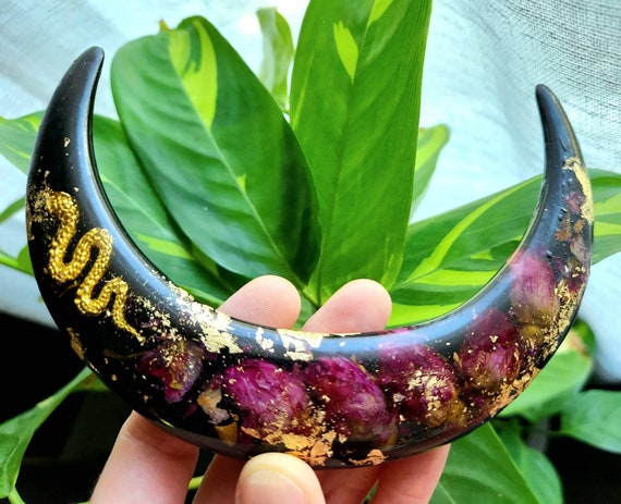 moon hair stick - rose hair fork - floral hair gifts - botanical hair stick - snakes and roses - celestial hair fork - celestial bun holder