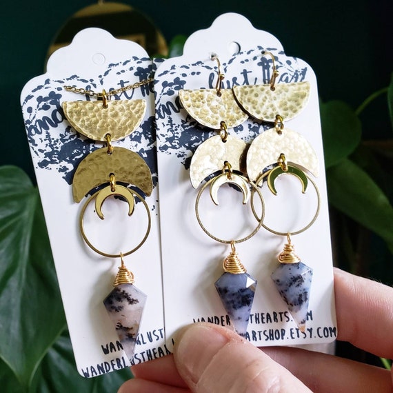 Boho Moon Necklace Brass Geometric Jewelry Moon Charm Earrings