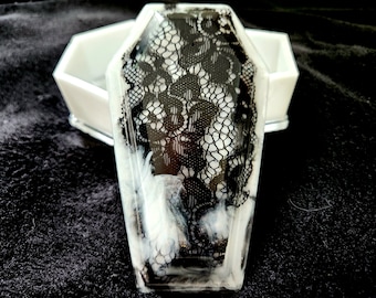 Goth stash box - coffin trinket box - goth shelf decor - witchy storage - goth home decor - make up coffin box - black lace - resin dice box