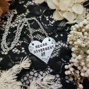 Neurodivergent af - stamped heart necklace - adhd jewelry - silver heart charm - audhd necklace - Neurodivergent jewelry gifts - autistic af