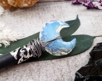 Crystal Moon hair stick - opal moon hair stick - moon hair accessories - wand hair stick - moon gifts - black wood hair stick - opal moon