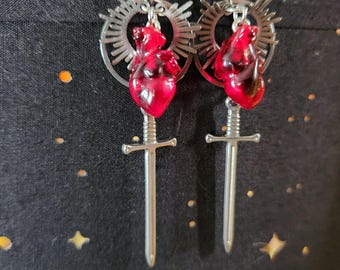 anatomical heart earrings - goth jewelry  - sword earrings - anatomical jewelry - sacred heart sword earrings - stainless steel earrings