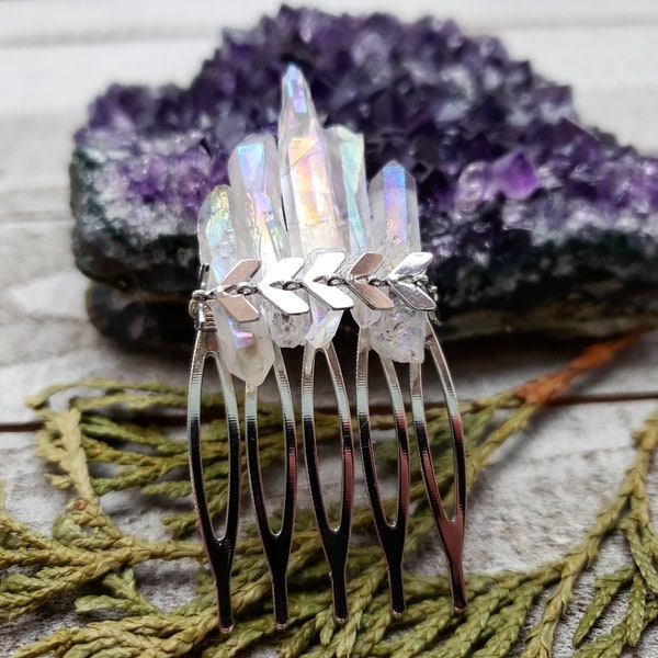 Quartz crystal hair comb - boho hair piece - chevron hair comb - boho crystal hair slide - silver chevron - summer hair accessories