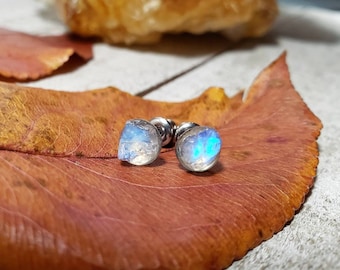 Raw moonstone earrings - moonstone studs - rough gemstone studs - june birthstone gift - moonstone jewelry - june bridal - rainbow moonstone