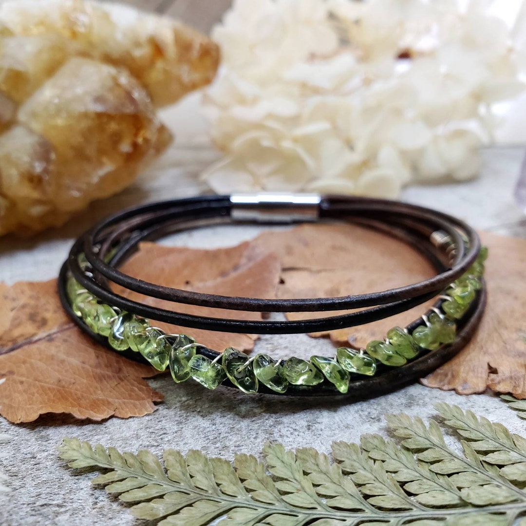 Peridot Stone Bracelet Peridot Beaded Jewelry Leather Peridot