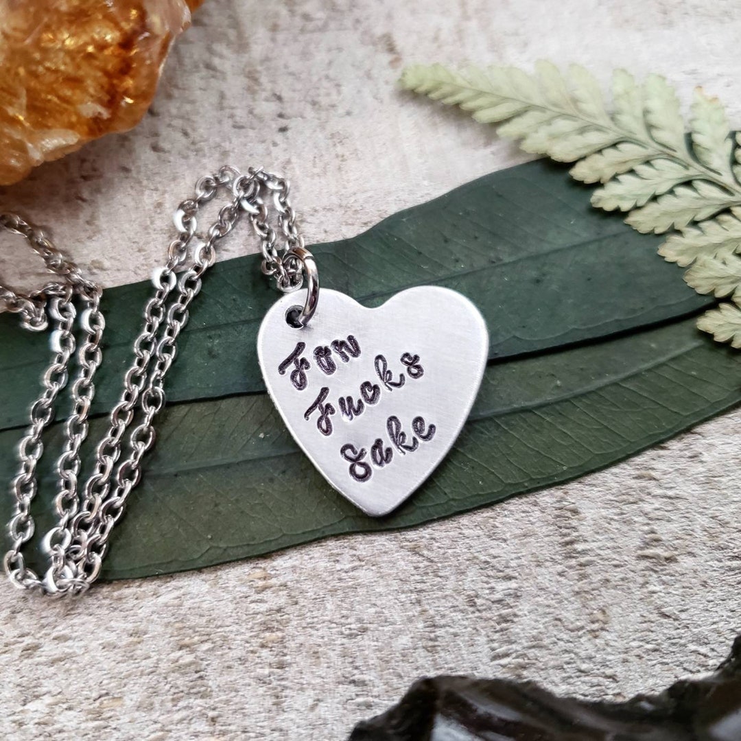 Fuck Necklace - for Fucks Sake - Stamped Heart Charm - Silver