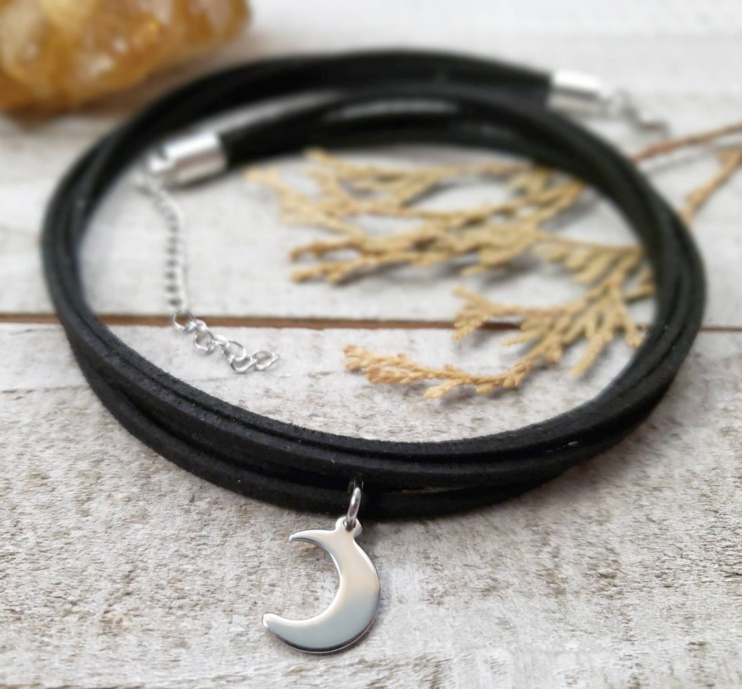 Black Moon Choker - Silver Moon Charm Choker - Black Thin Choker - Boho ...
