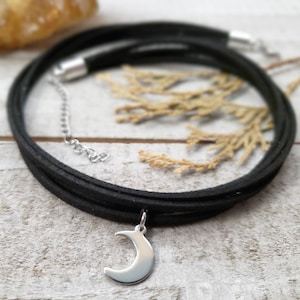 Black Moon choker - silver moon charm choker - black thin choker - boho goth necklace - celestial jewelry • leather layer choker