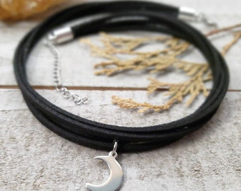 Black Moon choker - silver moon charm choker - black thin choker - boho goth necklace - celestial jewelry • leather layer choker