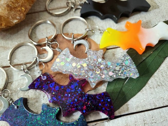 Spooky charms - bat keychain - holographic keychain - Halloween key charm - glitter bat charm - candy corn bat - spooky gifts - bat charm