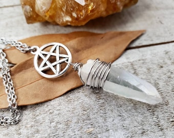 Quartz pentagram necklace - witchy jewelry - quartz crystal necklace - silver pentacle necklace - witch jewelry gift - witch quartz charm