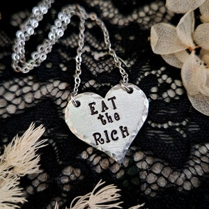 Eat the rich - heart necklace - stamped jewelry - funny gifts for her - silver heart charm - eat the rich necklace