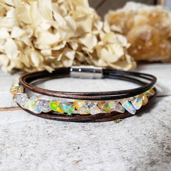 Opal leather bracelet - October birthstone gifts - Opal jewelry - leather gemstone bracelet - opal gifts for her - birthstone jewelry gifts