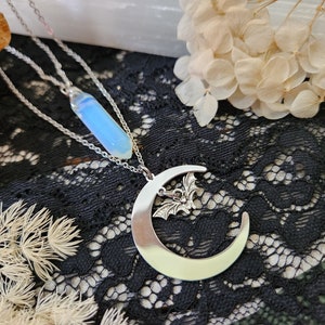 Celestial jewelry - silver moon necklace - moon bat charm - double layer necklace - opalite pendant - crescent moon necklace - goth jewelry