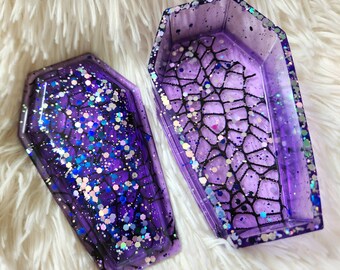 Goth stash box - coffin trinket box - witchy shelf decor - goth make up dish - coffin storage - resin dice box - spider web home decor
