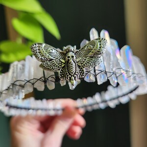 Queen of the moths head piece - gothic crystal crown - death hawk moth - Aura quartz crystal crown - festival headpiece - goth wedding crown
