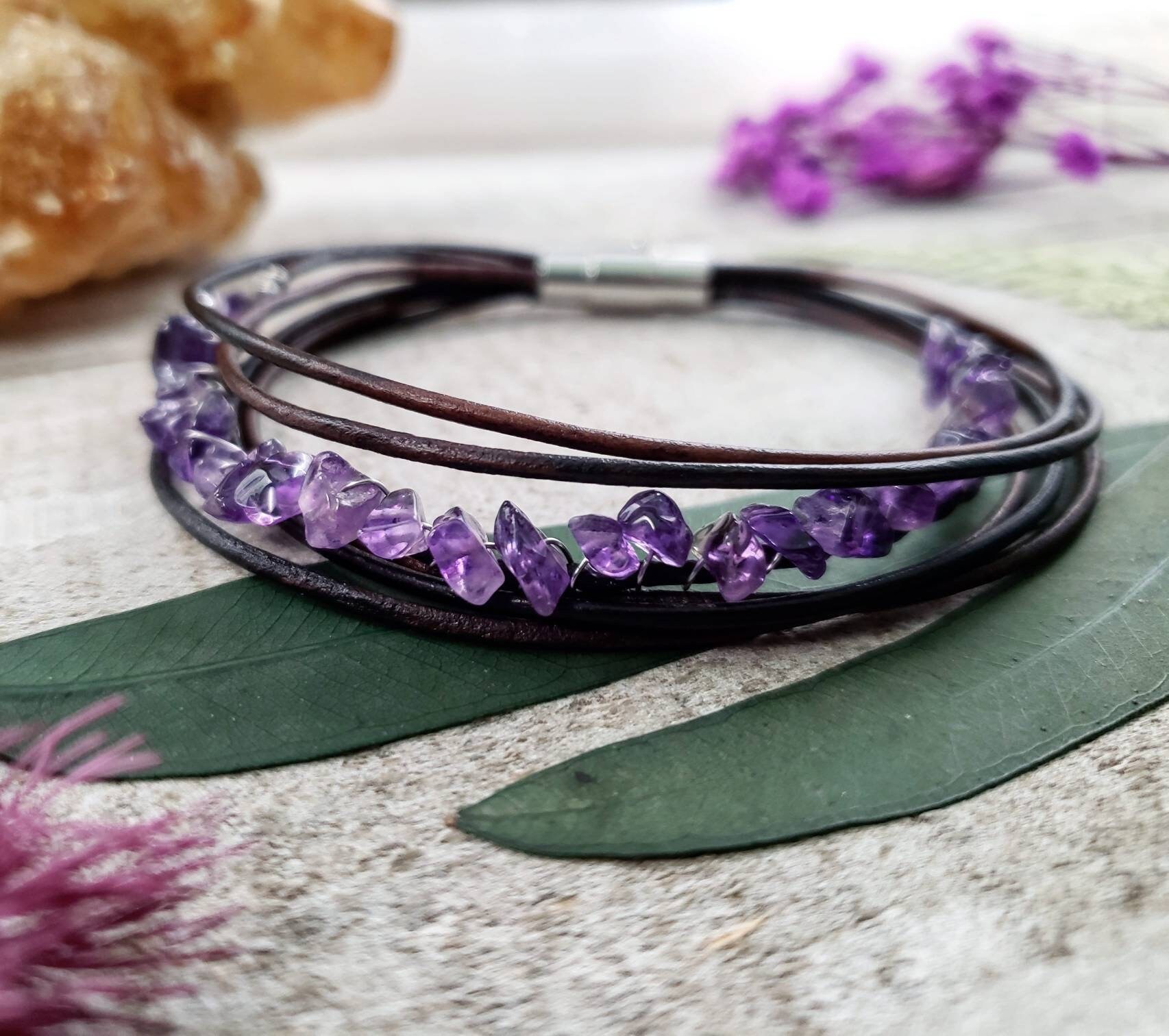 Amethyst Leather Bracelet Gemstone Leather Jewelry Amethyst Beaded